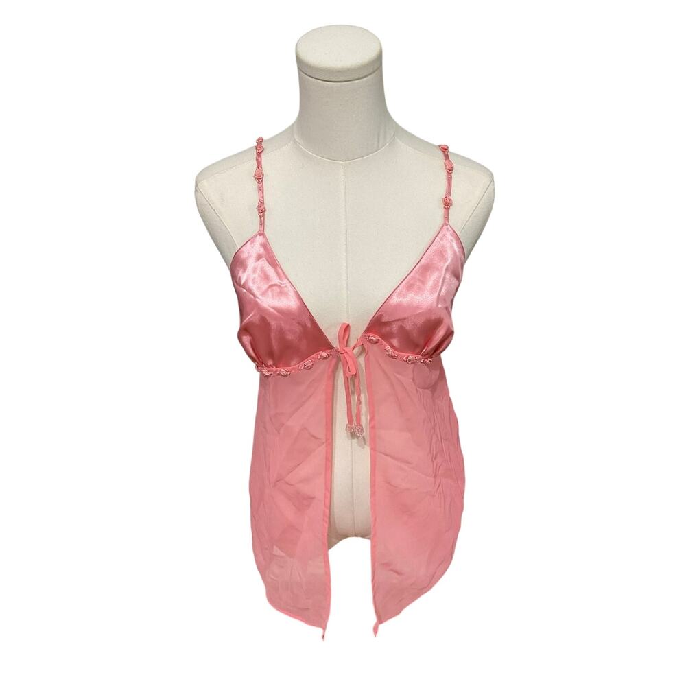 VTG Y2K Opulence Tie Front Pink Roses Trim Cami Top Slip Lingerie Size Small